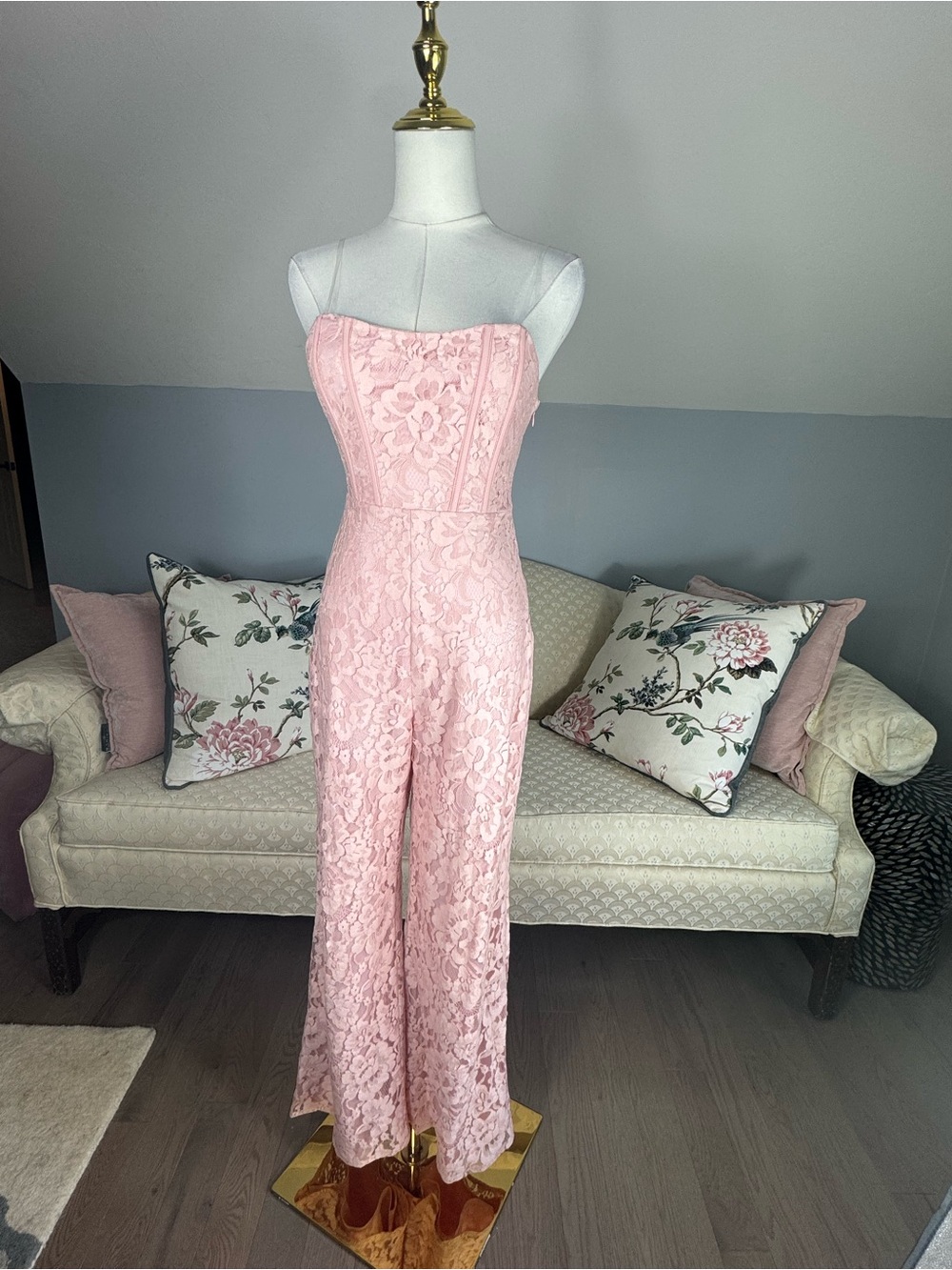 Blush Lace Corset Jumpsuit NWT Strapless Wide Leg Main Strip Size S - Picture 6 of 11
